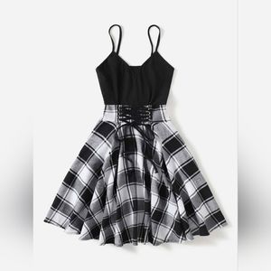 Plaid Print Lace Up Front Cami Dress